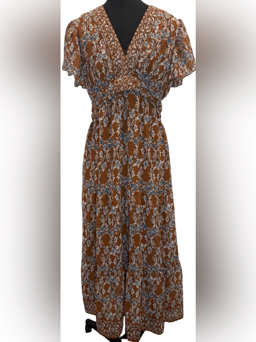 Max Studio Women’s Short Sleeve Burnt Orange/Blue/White Floral Dress, Size Large